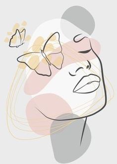 a drawing of a woman's face with two butterflies flying over her head in the air