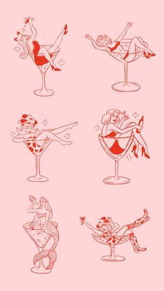 six different types of cocktails on a pink background, each with an image of a woman