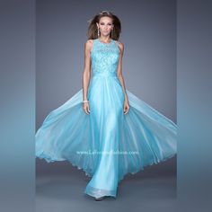 Captivating Chiffon Gown With Lace Bodice And Halter Neckline. The Neckline, Sides And Back Straps Are Sheer, Covered In Stunning Jeweled Lace. Back Zipper Closure. Comes From A Pet Friendly And Smoke Free Home. Dress Rack 1 Blue Chiffon Gown With Sweep Train, Blue Chiffon Prom Gown, Blue Chiffon Gown For Prom Season, Blue Chiffon Gown For Prom, Blue Chiffon Evening Dress With Fitted Bodice, Elegant Light Blue Dress With Sheer Bodice, Blue Chiffon Maxi Dress For Wedding, Blue Floor-length Chiffon Dress For Prom, Blue Fitted Chiffon Gown