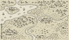 an old map with mountains and houses on the land, as well as roads that lead up to them