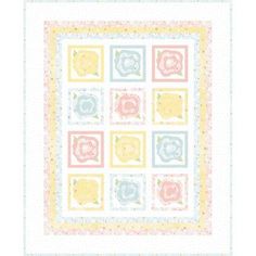 a square quilt with squares and flowers in pastel blue, pink, yellow and white