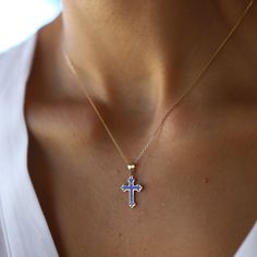 ⓂCross Enamel Dark Blue 14K Gold Necklace Dainty Gift For Woman Religious Jewelry Minimalist Necklace Modern Design Monsini Jewelry A crucifix symbolises the epitome of love and self sacrifice. It is symbolizing the Christian tradition, cross pendants are an exclamation of faith. Wear it daily as a reminder of your faith. The perfect size of the pendant makes it possible to wear with any outfit. You can layer it with your other necklaces. The product is produced using dark blue enamel. ⓂMaterial Blue Pendant Necklace In 14k Gold, Blue 14k Gold Pendant Necklace, Elegant Blue Cross Jewelry, Blue Cross Pendant Necklace For Anniversary, Elegant Blue Cross Pendant Jewelry, Blue Cross Pendant Necklace For Gift, 14k Gold Blue Clavicle Chain Jewelry, Self Sacrifice, Gold Necklace Dainty