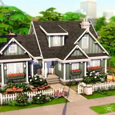 The Sims 4 House Exterior, Sims 4 Houses Bungalow, Green Suburban House, Medium Sims 4 House, Sims 4 House With Attic, Sims 4 Aesthetic House Exterior, Sims Home Design, Sims 4 House Suburban, Suburban Home Sims 4