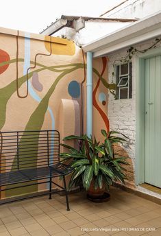 a potted plant sitting on top of a metal bench in front of a colorful wall