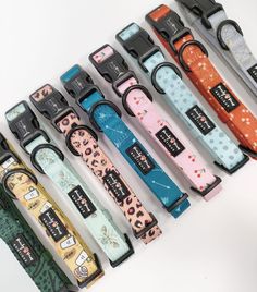 several dog collars are lined up on a white surface, one is black and the other is multicolored