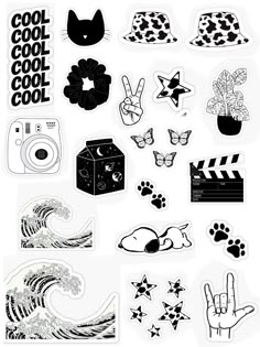 various black and white stickers on a white background