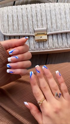 Blue White Nails Acrylic, Cute Blue Acrylic Nail Ideas, Blue With White Nails, Nail Blue And White, Ideje Za Nokte, Cruise Nails Bahamas, Blue And White Nail Designs, Cute Summer Nails Acrylics, Cute Summer Nails Square