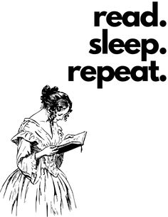 a woman reading a book with the words read sleep repeat