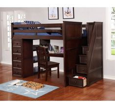 a loft bed with stairs and desk underneath it in a room that has hardwood floors