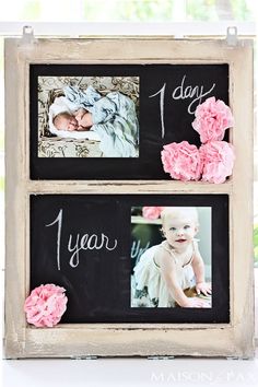 an old window is decorated with pink flowers and photos for the baby's first year