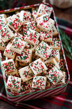 christmas sugar cubes in a red and green tinsel with sprinkles