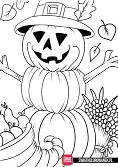 a black and white image of a pumpkin in a hat with autumn leaves around it