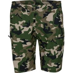 the green camo cargo shorts is shown with pockets on each side and an attached belt