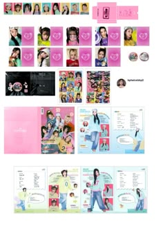 an assortment of photos and images are arranged in pink, blue, and green colors