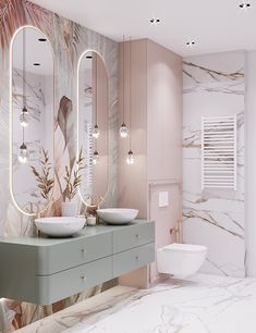 a bathroom with two sinks and mirrors on the wall next to a toilet in front of a large mirror