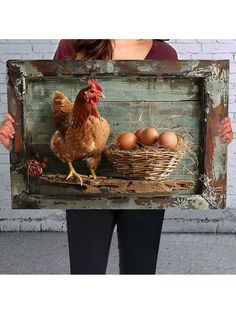 a woman holding up a chicken and eggs in a nest on an old wooden frame