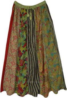 Bring a splash of cottage core color with this beautiful green overdyed multicolor long vertical panel skirt.  Made with random patchwork, the skirt looks very elegant. #tlb #Patchwork #MaxiSkirt #Peasant #Verticalpanelpatchworkskirt #HippiePatchworkSkirt Green Bohemian Patchwork Maxi Skirt, Bohemian Green Patchwork Maxi Skirt, Green Long Patchwork Skirt, Green Long Skirt With Patchwork, Hannah Core, Hippy Clothes, Skirt Patchwork, Boho Whimsical, Panel Skirt