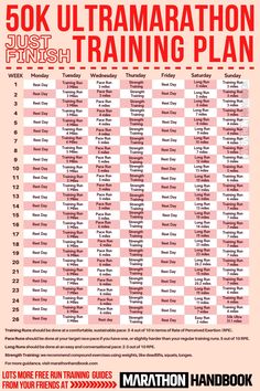 the 50k ultramaration training plan is shown in red and white, with instructions for