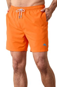 Take a refreshing dip in these sunny-day swim trunks designed with mechanical-stretch fabric, handy pockets and a comfy drawstring waist. 6 1/2" inseam; 24" leg opening; 12 1/2" front rise; 16" back rise (size Medium) Elastic/drawstring waist Side-seam pockets; back reverse-welt pocket Moisture-wicking fabric engineered for dryness and comfort UPF 30 sun protection Mesh liner 100% recycled polyester Machine wash, tumble dry Imported Swim Trunks With Functional Drawstring, Beach Swim Trunks With Functional Drawstring, Casual Bermuda Swim Trunks For Swimming, Casual Bermuda Swim Trunks, Orange Swim Trunks With Elastic Waistband For Beach, Sporty Orange Swim Trunks For Beach Season, Relaxed Fit Swim Trunks With Drawstring For Swimming, Outdoor Swim Trunks With Functional Drawstring, Relaxed Fit Swim Trunks With Drawstring