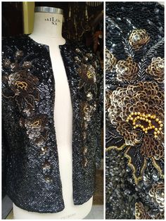 Embroidered Evening Blazer For Winter, Embroidered Winter Evening Outerwear, Vintage Sequined Outerwear For Festive Season, Vintage Sequined Outerwear For Festive Occasions, Vintage Festive Sequin Outerwear, Vintage Winter Outerwear With Sequins, Embroidered Winter Outerwear For Party, Vintage Black Embellished Outerwear, Vintage Sequined Formal Outerwear