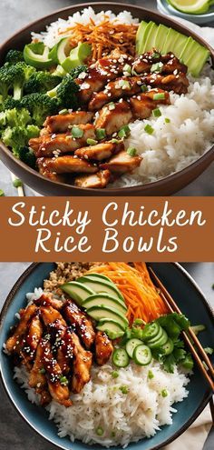 chicken rice bowls with cucumbers, broccoli and carrots