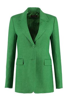 Step into luxury with this exquisite TECA Linen Blazer. Made with 100% linen, this blazer exudes sophistication and elegance, perfect for those who appreciate the finer things in life. The lapel collar and two front flap pockets add a touch of timeless style, while the hem with back slit provides a modern twist. Whether you pair it with tailored trousers for a polished office look or with jeans for a more casual vibe, this blazer is sure to elevate any outfit. Elevate your wardrobe with the TECA Linen Blazers Women, Classic Feminine Style, Green It, Linen Color, Womens Blazers, Linen Blazer, Tailored Trousers, Lapel Collar, Max Mara