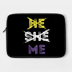 a black laptop case with the words she me printed in yellow and purple on it