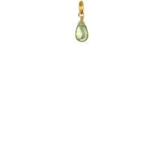 Peridot is a birthstone for August, a gem that ranges from light to deep yellow-green, known as a stone of healing that encourages assertive confidence and alleviates stress and resentment. Charm measures approximately 5/8" x 1/4" and is 22K gold-dipped with semi-precious peridot briolette gem. Green Gemstones For May Birthstone, Green Natural Stones Gemstones For May Birthstone, May Birthstone Drop Jewelry, Teardrop Gemstone Jewelry For Meditation, Green Birthstone Jewelry For Healing, Green Natural Gemstones For May Birthstone, Citrine Gemstone Jewelry For May Birthstone, Tourmaline May Birthstone Jewelry, Green Drop Birthstone Jewelry