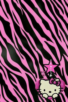 the hello kitty wallpaper is pink and black with zebra stripes, stars, and a star on it