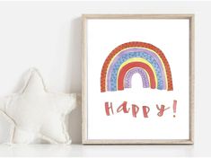 a rainbow print with the words happy on it and a white star next to it