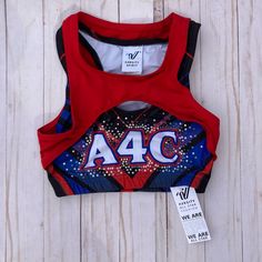 Varsity Brand A4c All 4 Cheer Sports Bra Size S, Perfect Condition, Tags Still Attached (Nwt) Sporty Fitted Crop Top For Cheerleading, Red Fitted Tops For Cheerleading, Fitted Red Tops For Cheerleading, Fitted Sleeveless Tops For Cheerleading, Sporty Multicolor Racerback Top, Fitted Racerback Top For Sports Events, Cheer Sports Bras, Cheer Tops, Varsity Cheer