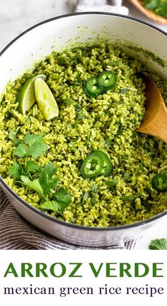 the mexican green rice recipe is ready to be eaten with limes and cilantro