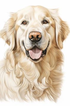 a painting of a golden retriever dog with its tongue out and eyes wide open