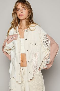 POL Oversized Crochet and Embroidery Jacket in Ivory – June Adel Spring Oversized Embroidered Outerwear, Oversized Embroidered Outerwear For Spring, Beige Patchwork Button-up Outerwear, Long Sleeve Cotton Outerwear With Lace Trim, Cream Patchwork Cotton Outerwear, Cotton Long Sleeve Outerwear With Lace Trim, Cream Cotton Outerwear With Patchwork, Fall Beige Outerwear With Floral Embroidery, Beige Floral Embroidered Outerwear For Fall