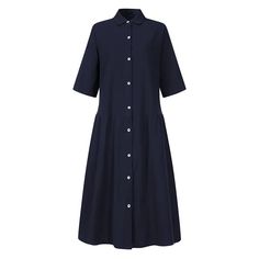 Women's Summer Holiday Dress Stand Collar Mid Sleeve Solid Midi Shirt Dress Casual Dresses With Button Closure And Half Sleeves, Casual Half Sleeve Dress With Button Closure, Summer Half Sleeve Shirt Dress, Shift Fit Collared Cotton Shirt Dress, Cotton Shift Shirt Dress With Collar, Cotton Shift Collared Shirt Dress, Summer Half Sleeve Shirt Dress With Buttons, Collared Cotton Maxi Dress For Summer, Casual A-line Shirt Dress For Dress Down Occasions