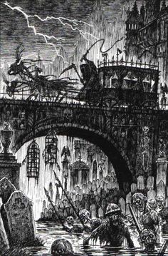 an old black and white drawing of people on a bridge over water with lightning in the background