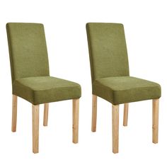 pair of green upholstered dining chairs with wooden legs and seat cushions on white background