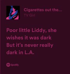 an image of a woman in pink texting on purple background with the caption'poor little liddy, she wishes it was dark but it's never really dark