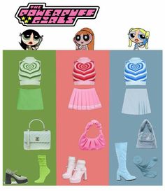 the powerpuff girls character outfits are shown in four different colors and sizes, including pink