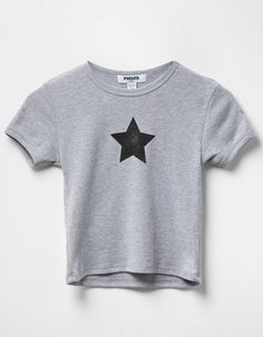 Rsq Star Baby Tee. Rib Knit Fabric. Distressed Star Graphic Screened At Center Chest. Ribbed Crew Neckline. Short Sleeve. Shrunken Fit. 60% Cotton, 40% Polyester. Machine Wash. Imported. Cotton Tops With Star Patch For Spring, Crew Neck Tops With Star Logo For Summer, Trendy Tops With Star Patch For Spring, Trendy Fitted Tops With Star Print, Fitted Tops With Star Print For Fall, Fitted Star Print Tops For Fall, Casual Fall Tops With Star Patch, Spring Cotton Tops With Star Patch, Trendy Spring Tops With Star Patch