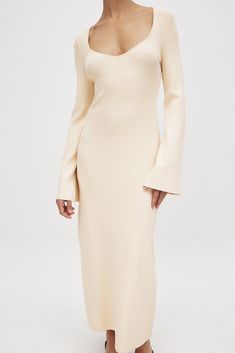 Fine Knitted Trumpet Sleeve Midi Dress Offwhite Beige Stretch Midi Sweater Dress, Cream Ribbed Midi Sweater Dress, Beige Bell Sleeve Dress, Beige Bodycon Midi Sweater Dress, Beige Stretch Midi Dress, Elegant Midi-length Cream Sweater Dress, Elegant Ribbed Beige Sweater Dress, Elegant Cream Midi Sweater Dress, Elegant Beige Ribbed Sweater Dress