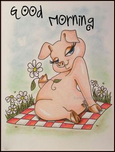 a drawing of a pig sitting on top of a checkered blanket with daisies