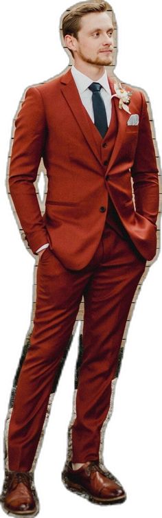 Brown Notch Lapel Suit For Groom, Brown Tuxedo Suit For Groom, Brown Three-piece Suit For Groom, Brown Three-piece Suit For Groom With Suit Collar, Brown Three-piece Suit With Suit Collar For Groom, Brown Tuxedo Suit For Wedding, Orange Suit For Men, Rust Orange Suit, Rustic Groomsmen