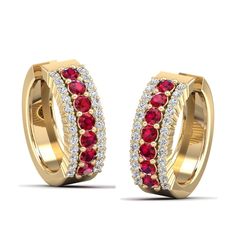 Introducing our exquisite ruby and diamond hoop earrings, a perfect blend of elegance and sophistication. Crafted with precision, these earrings feature lustrous rubies and dazzling diamonds set in a timeless hoop design. The vibrant red hue of the rubies adds a touch of allure, while the sparkling diamonds enhance their brilliance. Metal: 14K Gold Setting Type: Prong Rhodium Finish: Yes, on White Gold Gemstone Details: Gemstone: Ruby Shape: Round Average Dimensions: 2.50 MM Quantity: 14 Average Red Diamond Earrings In Fine Jewelry Style, Elegant Ruby Hoop Earrings For Anniversary, Red Ruby Earrings With Diamond Accents, Red Round Hoop Earrings Fine Jewelry, Red Round Cut Jewelry With Pave Setting, Red Diamond Earrings With Brilliant Cut, Classic Red Diamond Earrings With Accents, Red Round Cut Pave Set Jewelry, Red Diamond Earrings Fine Jewelry