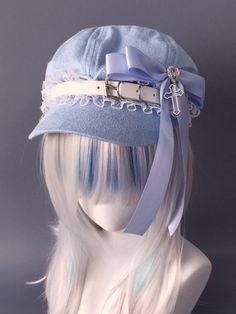 Blue/Black Rhinestone and Cross Bowknot Lace Trim Beret Japanese Hat, Cute Beret, Blue Hair Accessories, Funky Hats, Hat Aesthetic, Hair Hat, Pretty Hats, Types Of Hats, Cute Hat