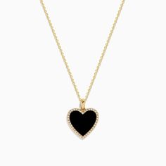 Effy 14K Yellow Gold Onyx and Diamond Heart Pendant Black Jewelry With Heart Charm For Valentine's Day, Luxury Heart Pendant Necklace With Gemstone, Black Heart Charm Jewelry With Heart Cut, Luxury Black Heart Pendant Necklace, Luxury Black Heart Pendant Jewelry, Yellow Gold Heart Pendant With Detail, Luxury Yellow Gold Heart Pendant, Heart-shaped Ruby Necklace In Yellow Gold, Gem Diamonds