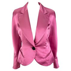 Presenting a fabulous hot pink satin Christian Dior blazer. From the 1980s, this blazer exudes a magnetic charm with its hot bubblegum pink satin fabric, emanating a stunning shimmer. The wide peak lapel and single black woven button closure enhance the blazer's sleek silhouette. A quintessential barbie-core piece, this Christian Dior blazer offers a modern twist on timeless elegance, making it an essential addition to your fashion-forward wardrobe. Approximate measurements: Size - 6 Shoulder to hem: 21" Bust: 32-34" Waist: 32" Shoulder to cuff: 23" Underarm to cuff: 17" 100% Polyester Dior Blazer, Pink Satin Fabric, Dior Clothing, Barbie Core, Satin Blazer, Vintage Christian Dior, Dior Fashion, Donatella Versace, Peak Lapel