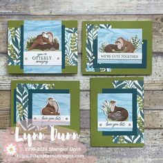 four cards with otters on them and some leaves