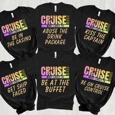 "Get into Cruise Mode with these matching cruise \"most likley to\" shirts. Whether it's a birthday cruise, anniversary cruise or just a fun family trip! These cruise tees are the perfect addition to your group vacation! IMPORTANT: **Each listing is for *one* shirt. To add a set add each one to cart separately**  This listing includes size options for adult AND youth/ infant.  Please make sure you're ordering correct item :) HOW TO ORDER - Visit photos for sizing and measurements - Select size a Cruise Hacks, Anniversary Cruise, Group Vacation, Birthday Cruise, Cruise Ideas, Cruise Shirts, Iconic Album Covers, Shirt Designs For Men, Cruise Shirt