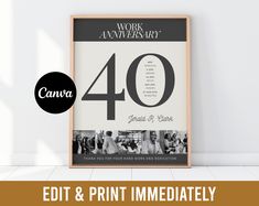 a framed poster with the words, work anniversary 40 and an image of people on it